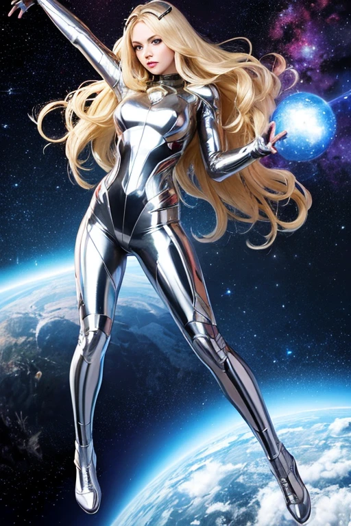 best quality, masterpiece, woman space super hero, beautiful face,full body,hi-tech armour over silver latex suit, long curly blonde hair,flying in super hero pose in deep space, with several planets and suns in the background
