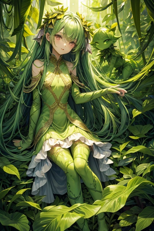 Humanoid plant in the shape of a -yeld gi green skin, hair made of leaves, pink eyes, dress made of vines, feet in the shape of green roots, forest background 