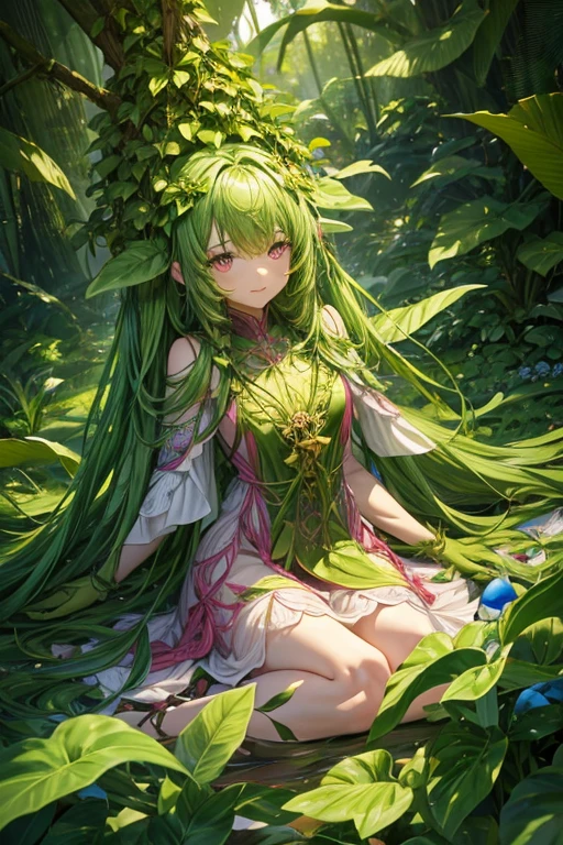 Humanoid plant in the shape of a 15-year-old girl, green skin, hair made of leaves, pink eyes, dress made of vines, feet in the shape of green roots, forest background 