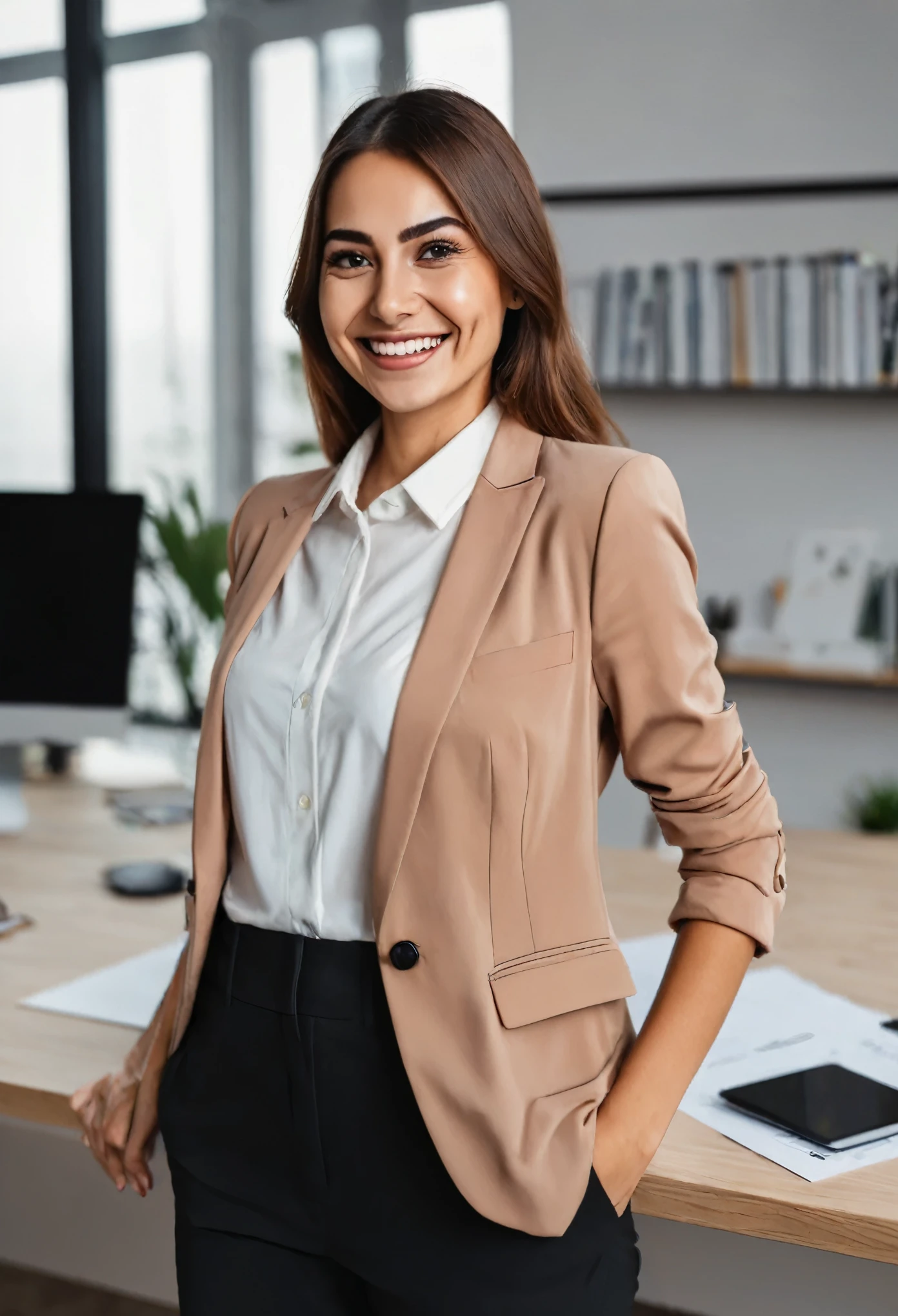 Photo portrait of young happy business woman office girl secretary with smiling face