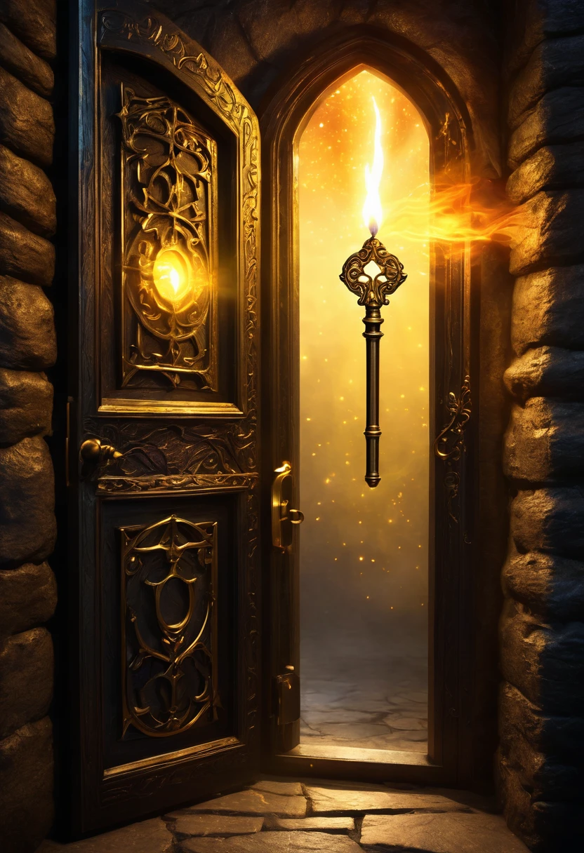 Forefront, golden key in a dark fantasy setting, magic aura around key. The scene is illuminated with flickering torche, casting shadows and enhancing the suspenseful atmosphere. Hundred off doors at background, each glowning in diffrent color