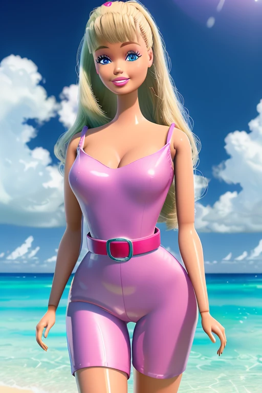 (masterpiece, best quality), highres, (8k, RAW photo, highest quality), hyperrealistic, 3d, centered, (TS_Barbie), mid shot, (full body:1.2), a cartoon girl in a blue jumpsuit and pink belt in the style of pixar, (perfect lighting and composition:1),soft lighting, (high detail, 8K resolution:1), hdr:0.7, detailed face, perfect, (dynamic), pose, (high quality:1.2), plastic skin, ((shiny:1.3)), hourglass figure, smile, (depth of field:0.8), 50mm, film grain:0.7, fujifilmXT3, focus face, (sad:1.2), looking at viewer, detailed eyes, detailed face, floating particles, analog style, beautiful, light makeup, lipstick, (thick waist and thighs:0.6), summer vacation, tropical, palm tree, sandy beach, amazing composition, lively, medium breasts