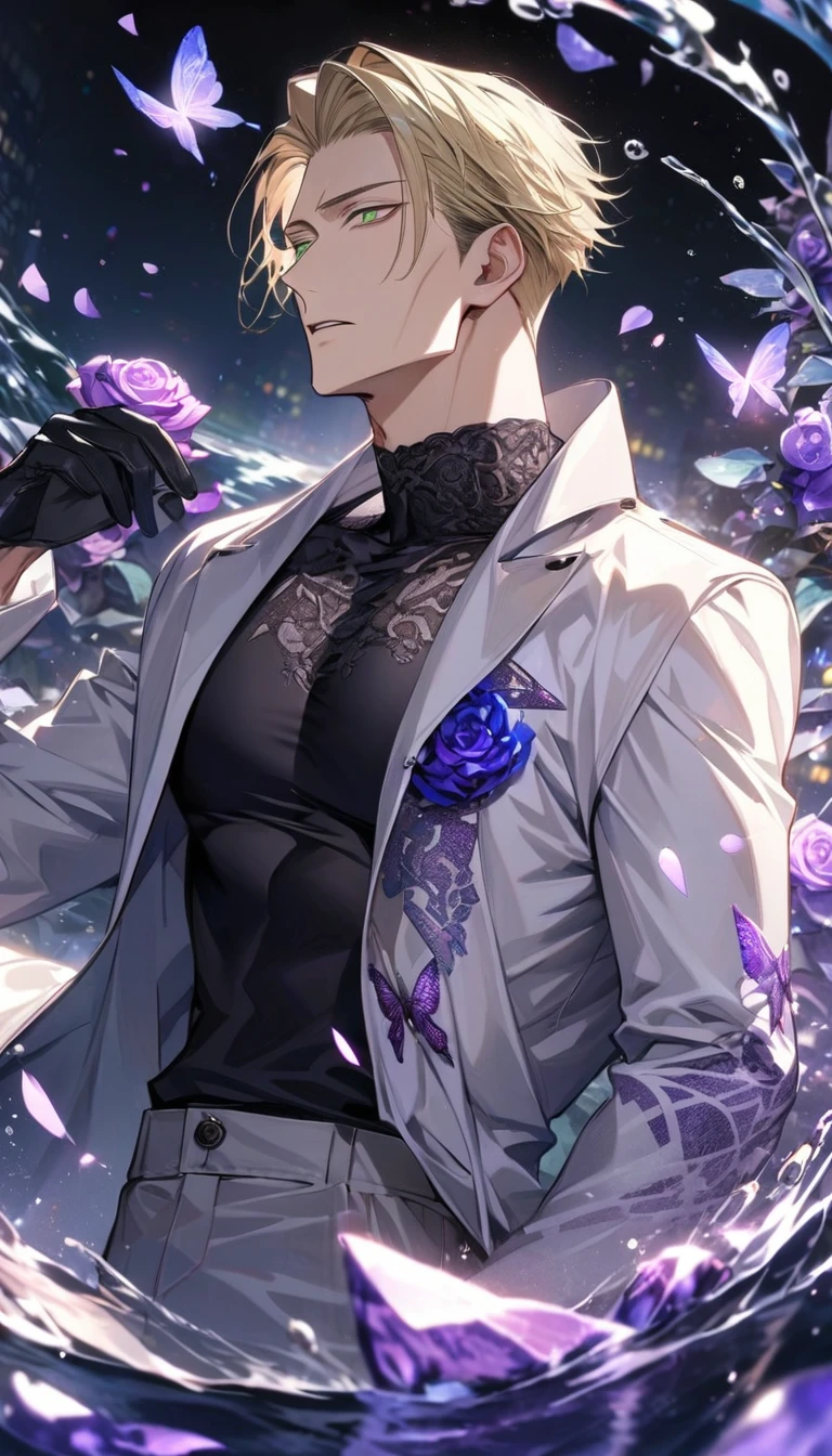 Ultra detailed, HDR, Highres, absurdres, master piece, Nanami Kento, blond hair, expressive green eyes, white long coat with patterns, Jujutsu Kaisen, black tight shirt, purple glittering butterflies, purple ice, petals, purple ice roses, sexy man, solo, extremely detailed face and eyes, extremely handsome, glittering, water, black gloves,