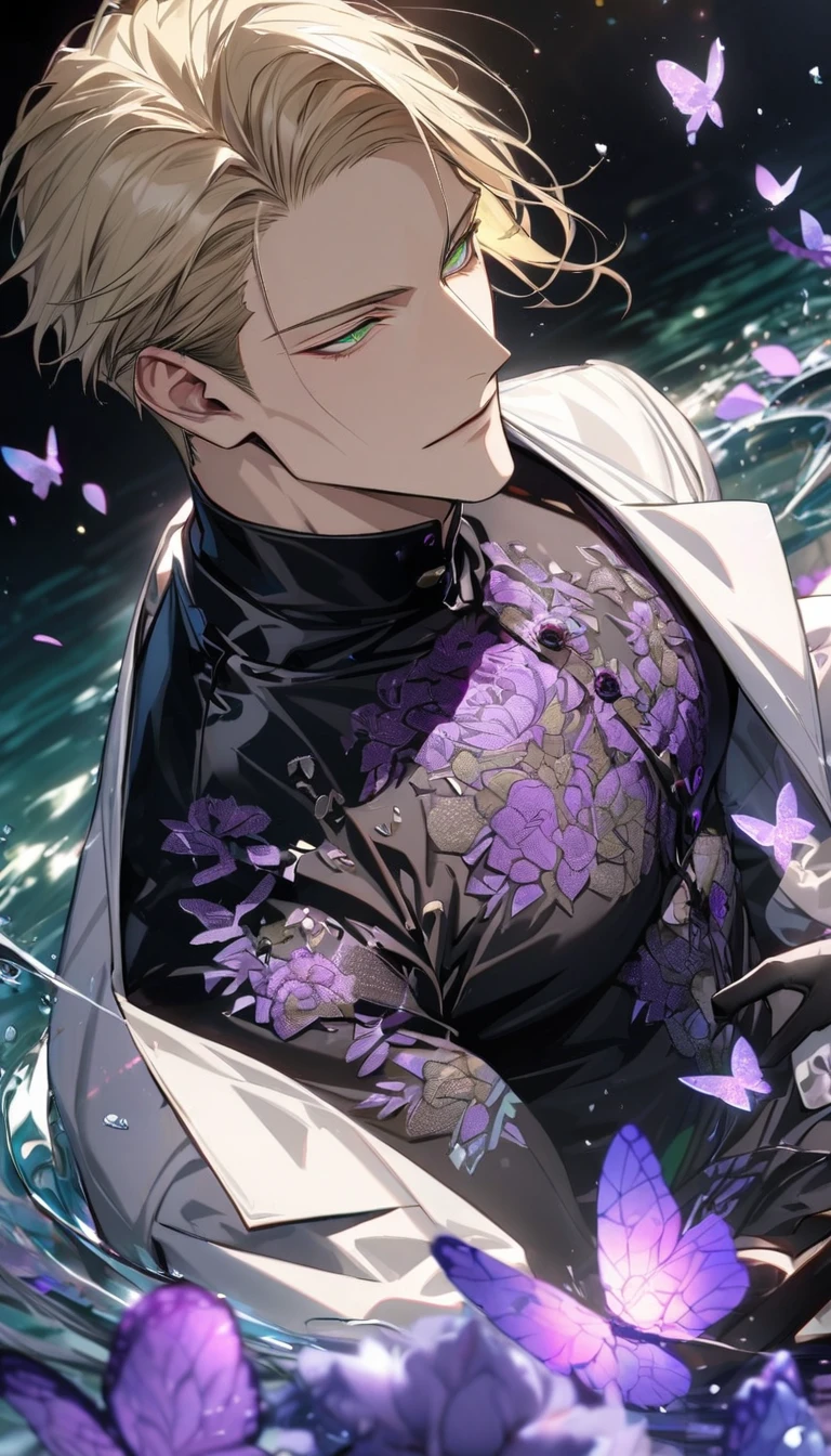 Ultra detailed, HDR, Highres, absurdres, master piece, Nanami Kento, blond hair, expressive green eyes, white long coat with patterns, Jujutsu Kaisen, black tight shirt, purple glittering butterflies, purple ice, petals, purple ice roses, sexy man, solo, extremely detailed face and eyes, extremely handsome, glittering, water, black gloves,