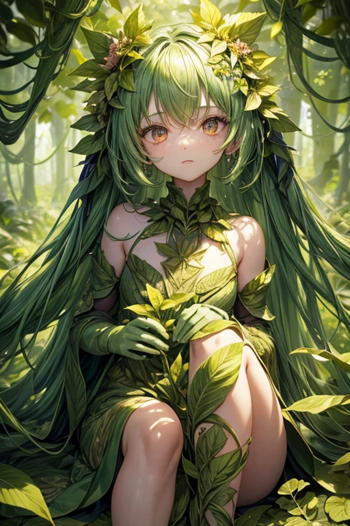 Humanoid plant in the shape of a 15-year-old girl, green skin, hair made of leaves, pink eyes, dress made of vines, feet in the shape of green roots, forest background
