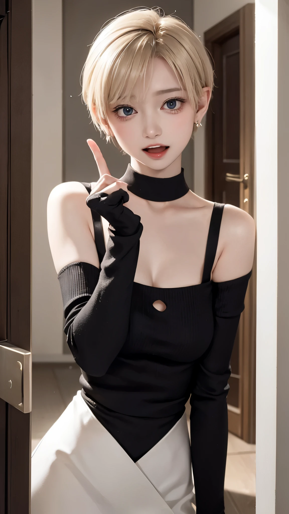 1 Girl、solo、masterpiece,highest quality,High resolution,Very detailed, skinny,Black Choker,Earrings,Big cleavage、Off-the-shoulder tight sweater mini dress,Accurate and detailed human body、
From head to toe、
Cute pose、(((Open your mouth))), Heavy breathing , (aheghentai face:1.5),
Blonde pixie short hair、
(((Accurate 5-finger)))、Accurate human body、The perfect human body、((Captivating smile ))、
entrance、From outdoors to indoors、Door with a night view、深night、night、open the door、Detailed Background、(((POV doorway:1.3)))