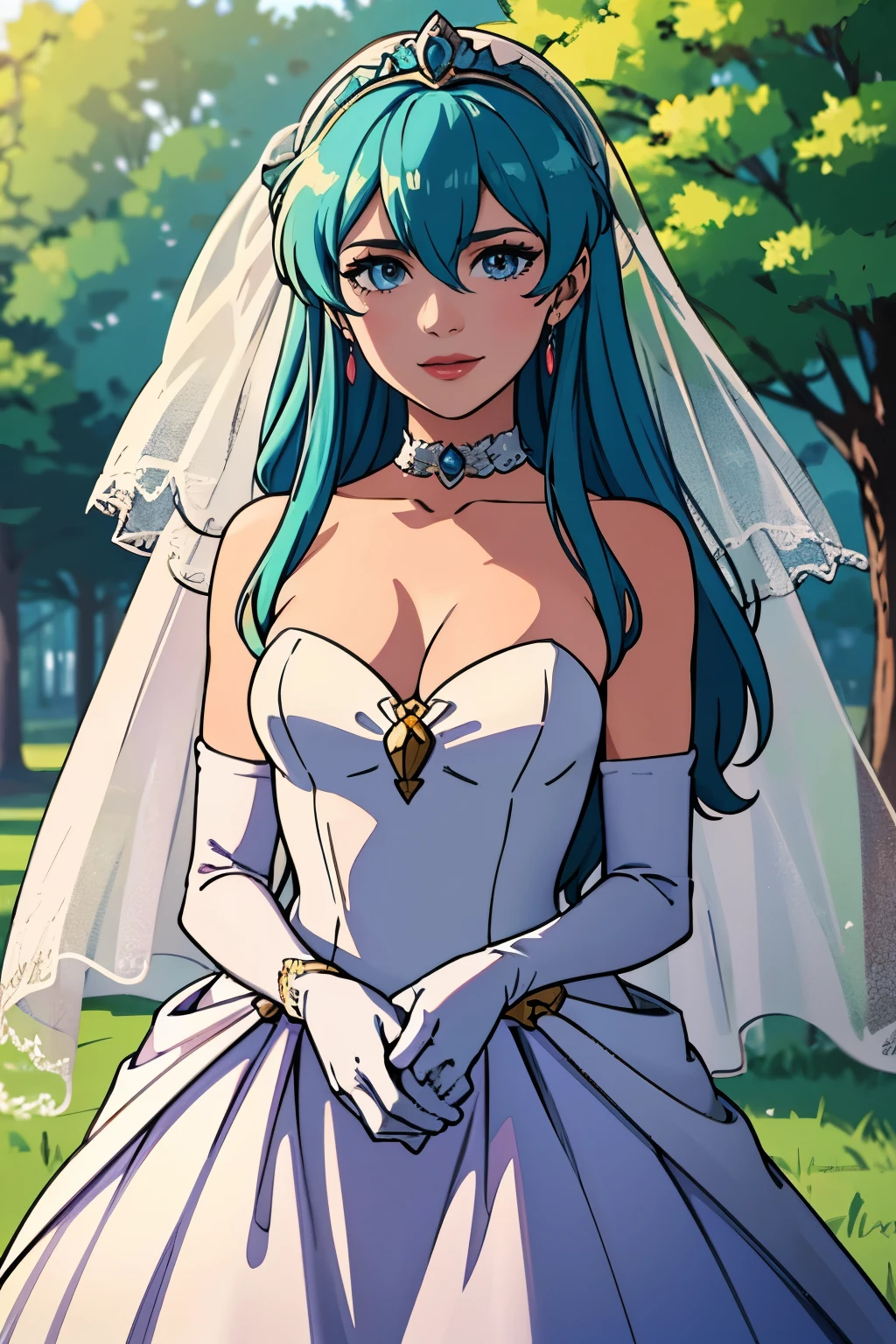 1girl, solo,Eirika fe, crown,earrings ,lipstick, eye shadow, makeup, hair between eyes, ahoge, hair ornament, gloves, dress, cleavage, bare shoulders, collarbone, white oprea gloves, white gloves, white dress, strapless, white choker, tiara, veil, strapless dress, wedding dress, bridal veil, beautiful woman, perfect body, perfect breasts, wearing a wedding dress, ball gown, in the park trees, wedding decorations, looking at the viewer, smile, realism, masterpiece, textured skin, super detail, high detail, high quality, best quality, 1080p,