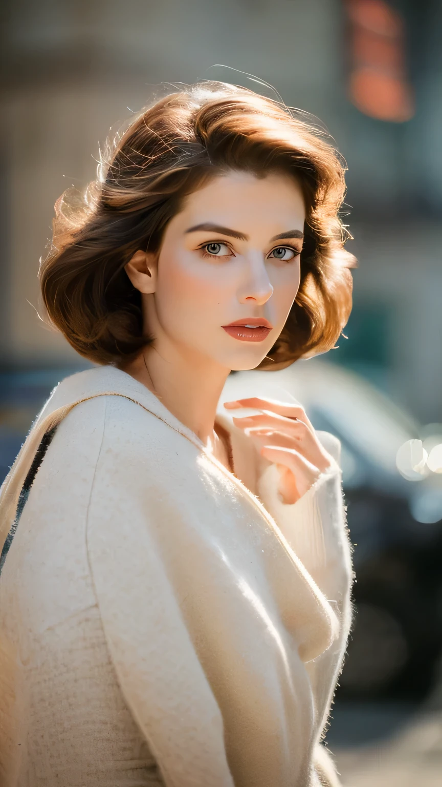 1 girl, Beautiful vintage colors, Instagram (photoRealistic, High resolution: 1.4), Spectators Gazing ((Puffy eyes)), whole body (8k, RAW Photos, highest quality, masterpiece: 1.2), (Realistic, photoRealistic): 1.37), (Sharp focus: 1.2), Professional Lighting, Photon Mapping, Radio City, Physically Based Rendering, (White skin: 1.2), Viewer's gaze, (Medium Short: 1.5), Portraiture, Purple eyes, (Silver Hair: 1.1), bangs, (Simple Background: 1.4), alone, Upper Body, Realistic, (masterpiece: 1.4), (highest quality: 1.4), (Glowing Skin), Stylish girl, compensate, smile (skinny, Mouth closed, shy :1.3), (Are standing, See-Through Tight Tank Top, Necromancer: 1.4), Huge breasts, Sexy pose, (smile)