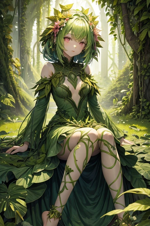 Humanoid plant in the shape of a 15-year-old girl, green skin, hair made of leaves, pink eyes, dress made of vines, feet in the shape of green roots, forest background 