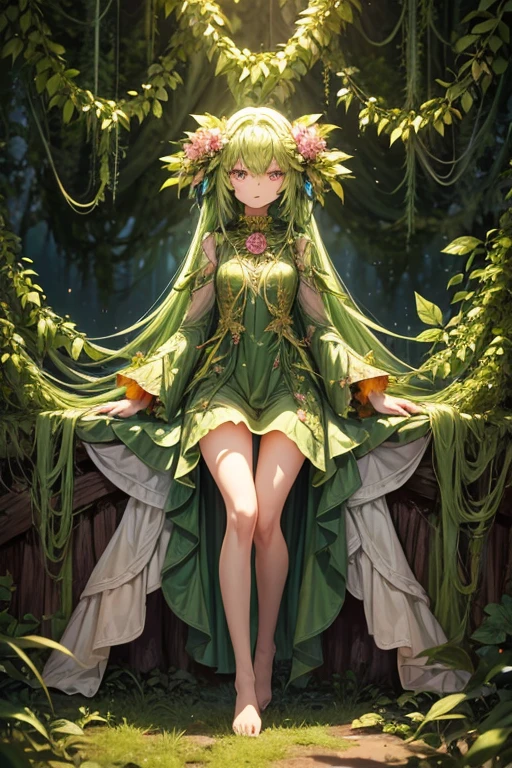Humanoid plant in the shape of a 15-year-old girl, green skin, hair made of leaves, pink eyes, dress made of vines, feet in the shape of green roots, forest background