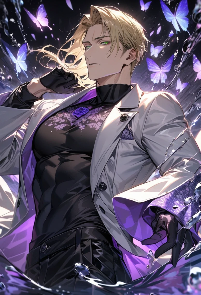 Ultra detailed, HDR, Highres, absurdres, master piece, Nanami Kento, blond hair, expressive green eyes, white long coat with patterns, Jujutsu Kaisen, black tight shirt, purple glittering butterflies, purple ice, petals, purple ice roses, sexy man, solo, extremely detailed face and eyes, extremely handsome, glittering, water, black gloves,