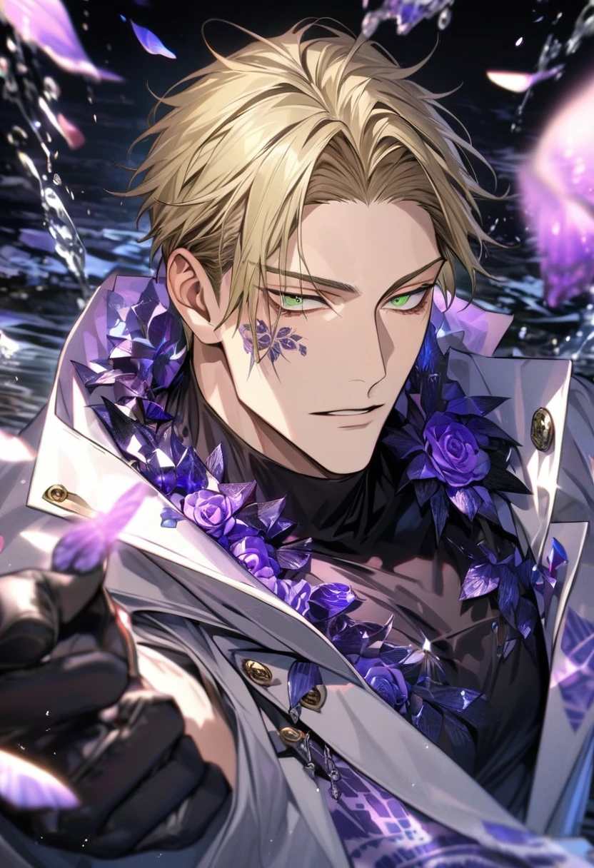 Ultra detailed, HDR, Highres, absurdres, master piece, Nanami Kento, blond hair, expressive green eyes, white long coat with patterns, Jujutsu Kaisen, black tight shirt, purple glittering butterflies, purple ice, petals, purple ice roses, sexy man, solo, extremely detailed face and eyes, extremely handsome, glittering, water, black gloves,