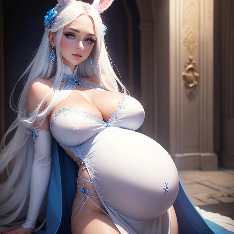 Beautiful pregnant female sorceress, elegant formal detailed and tight white dress with blue details, blue gems, mature, bunny ears, white hair, piercing blue eyes, wants to have sex with me, cleavage