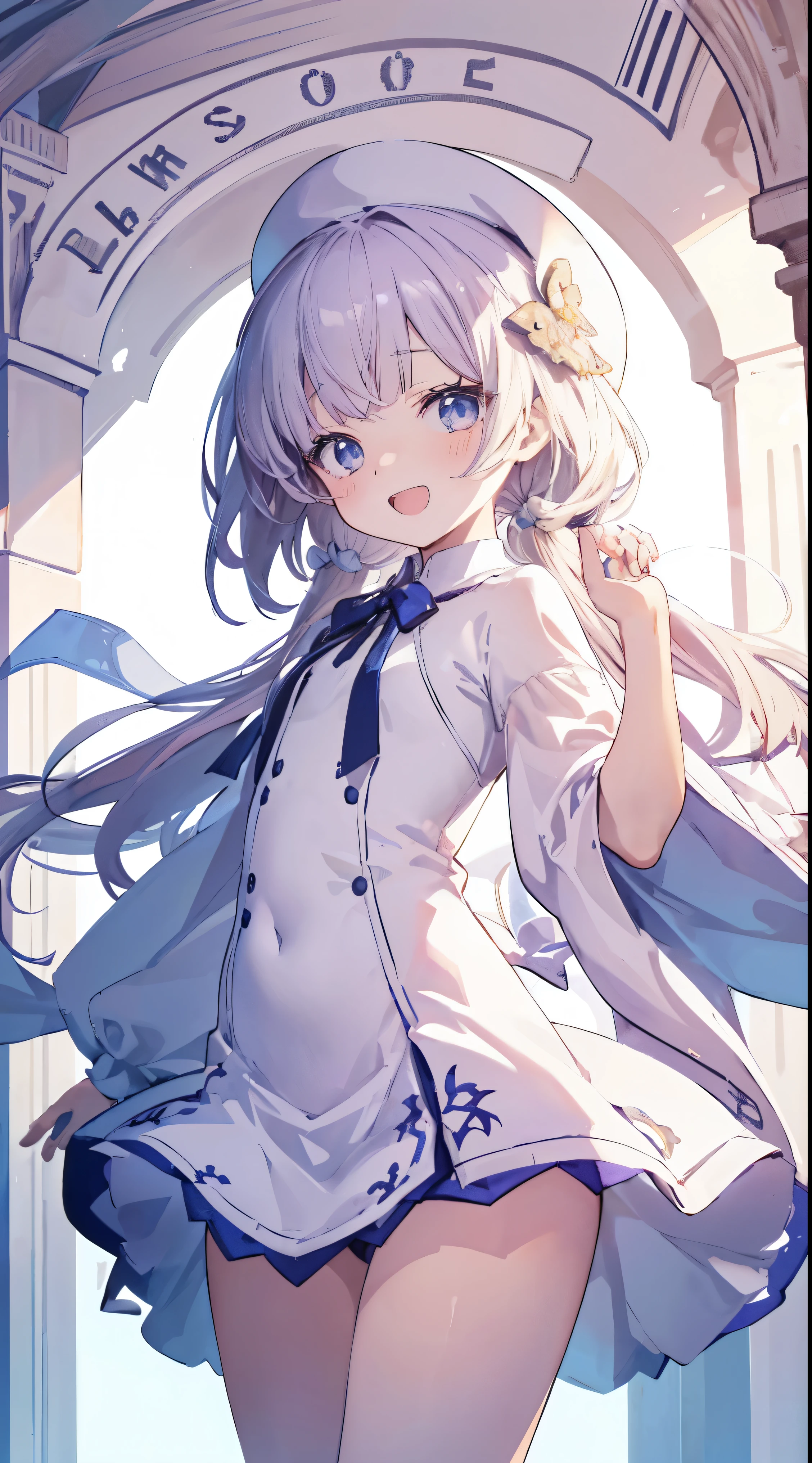 Masterpiece、Highest quality、highest quality、((((Petite))))、(Open Mouth Smile)、Shiny hair quality、Small face、Dynamic pose、Super detailed, beautiful, wide eyes、Ultra-detailed, clear and beautiful faces、(cute illustration:1.2), High-resolution, ultra-detailed, best quality, embarrassed、Thighs、cute