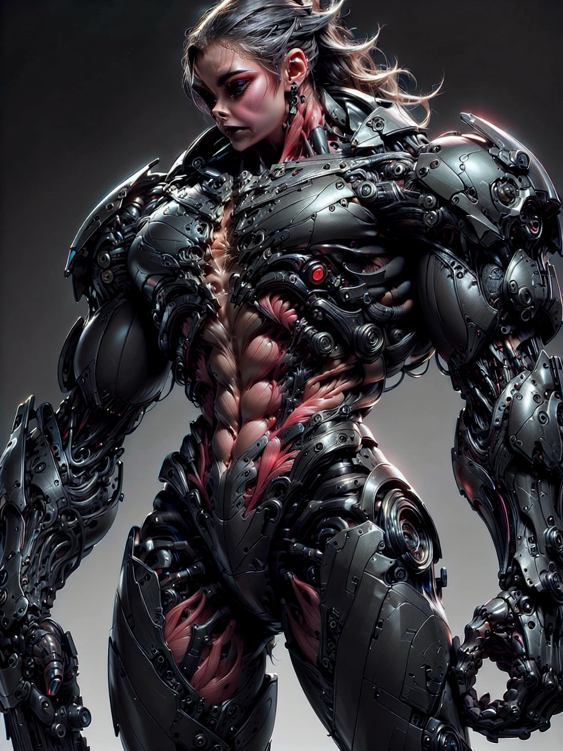 (1 girl), (cara delevingne), (muscular android girl wearing a black anatomic cybernetic muscle suit:1.25), (wide shoulders:1.25), (muscular defined physique:1.25), perfect hands, long hair, large breasts, high resolution image, extreme detail, blank background