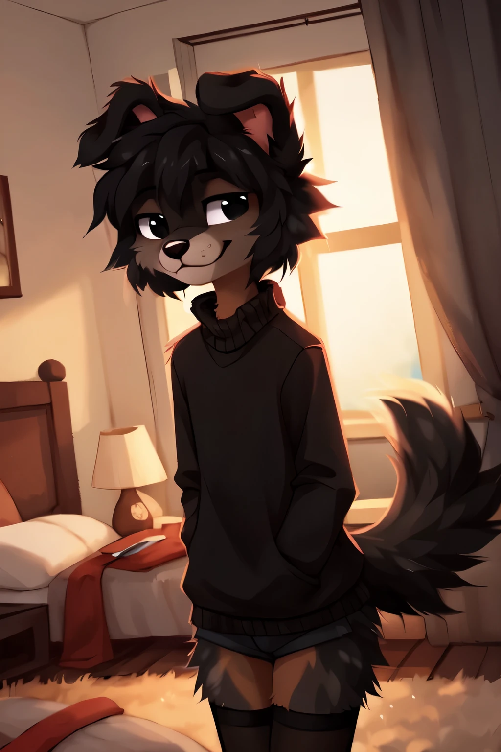  ((by reysi)),  Best quality, super detailed illustration, warm colors, Ideal lighting, (Fluffy boy dog:1.6), (Black fur:1.5) ,feminine face and body, disheveled thick gray hair, short shorts, long black stockings,  black long sleeve sweater, in a cosy room, smug smile, tricky glance , Femboy, slim, perfect body,