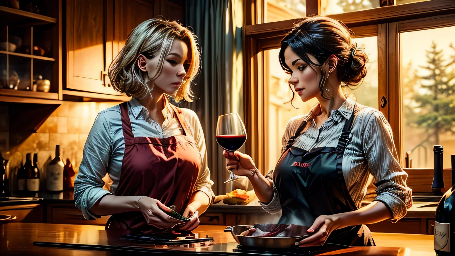 2 women drinking wine at home while cooking