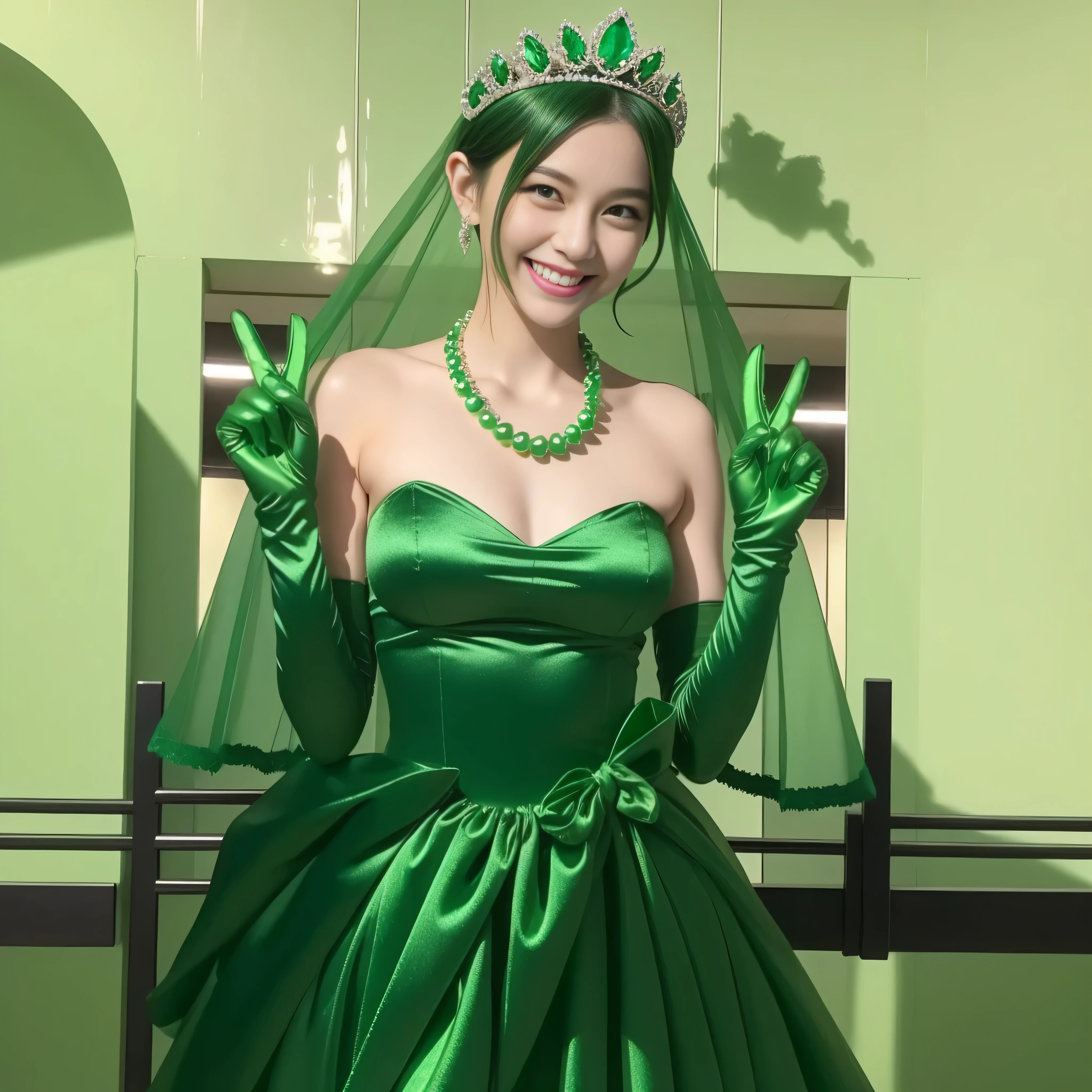Emerald tiara, Green Pearl Necklace, Boyish very short green hair, lipstick, Smiling Japanese woman, Very short hair, Big tits beautiful, Green Eyes, Long green satin gloves, Green Eyes, v sign, Emerald Earrings, Green Veil