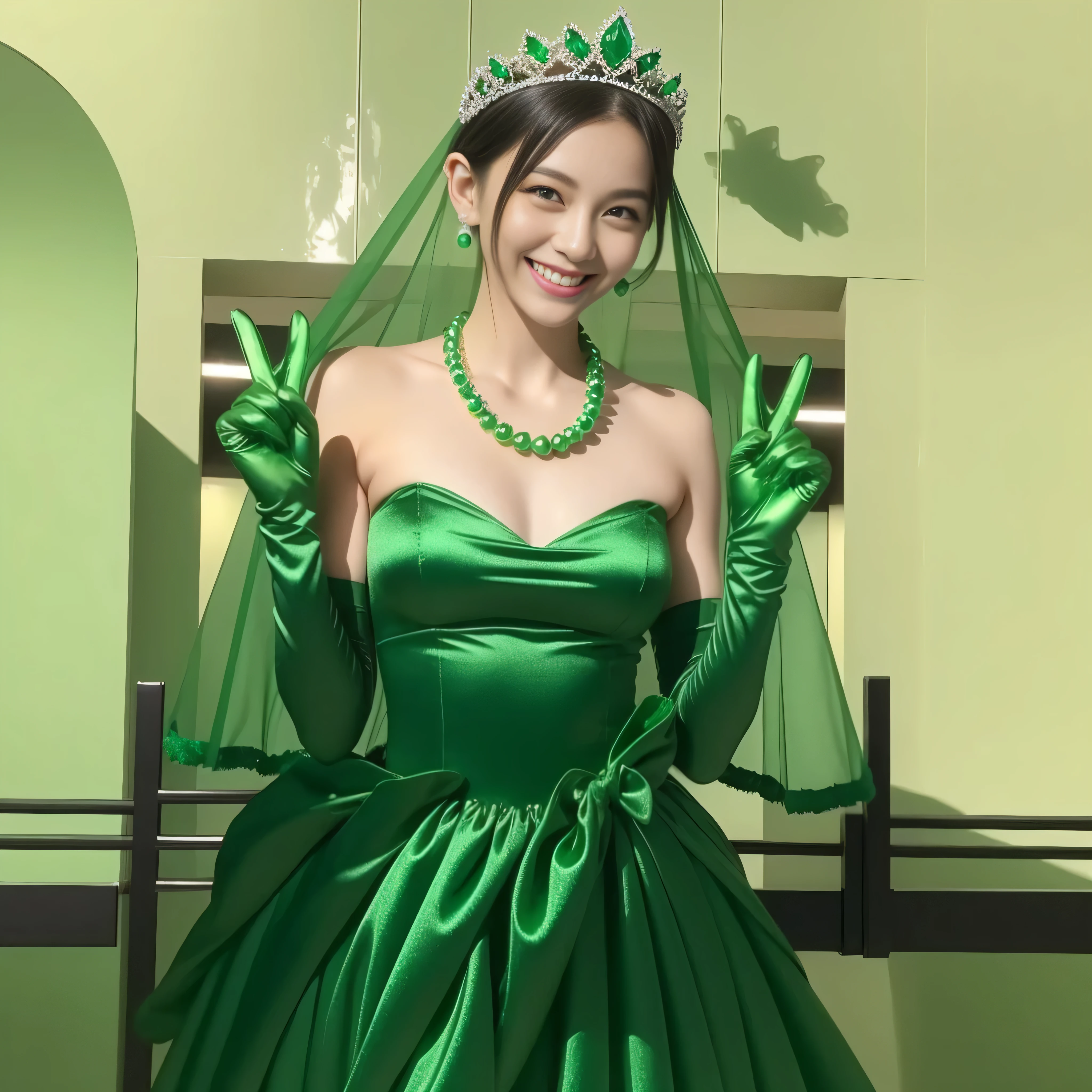 Emerald tiara, Green Pearl Necklace, Boyish very short green hair, lipstick, Smiling Japanese woman, Very short hair, Big tits beautiful, Green Eyes, Long green satin gloves, Green Eyes, v sign, Emerald Earrings, Green Veil