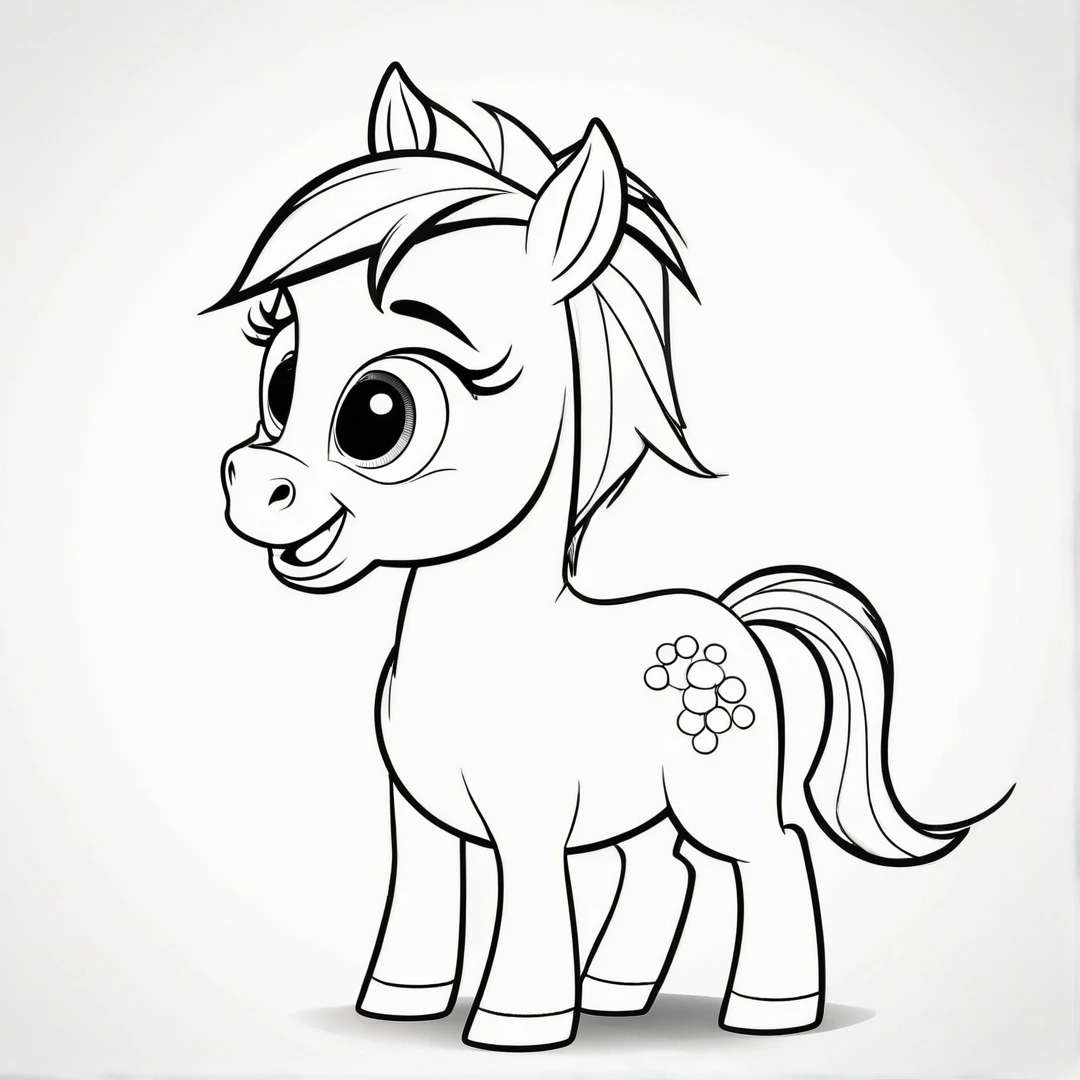 little sweet adorable horse, Coloring page for children, Happy, smiling, kein Hintergrund, Vektorgrafiken, minimalistisch, Vektor 2d, black lines White background, Coloring page for beginners, Vektorillustration, Bleistiftstriche, keine Farbe, Zeichnung zum Ausmalen, White background, Pixar-Stil, Black and white