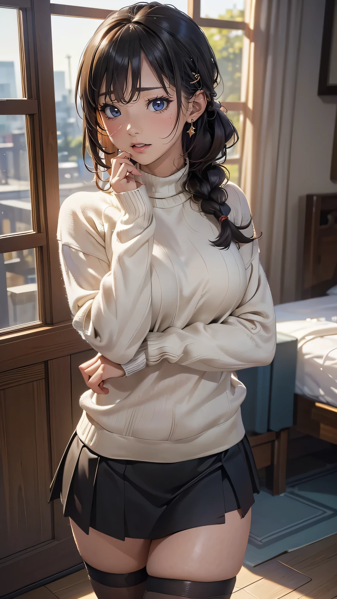 (random pose),(random hairstyle),(Highest image quality,(8k),ultra-realistic,best quality, high quality, high definition, high quality texture,high detail,beautiful detailed,fine detailed,extremely detailed cg,detailed texture,a realistic representation of the face,masterpiece,Sense of presence),sweater,tight mini skirt,stockings,Engineer boot