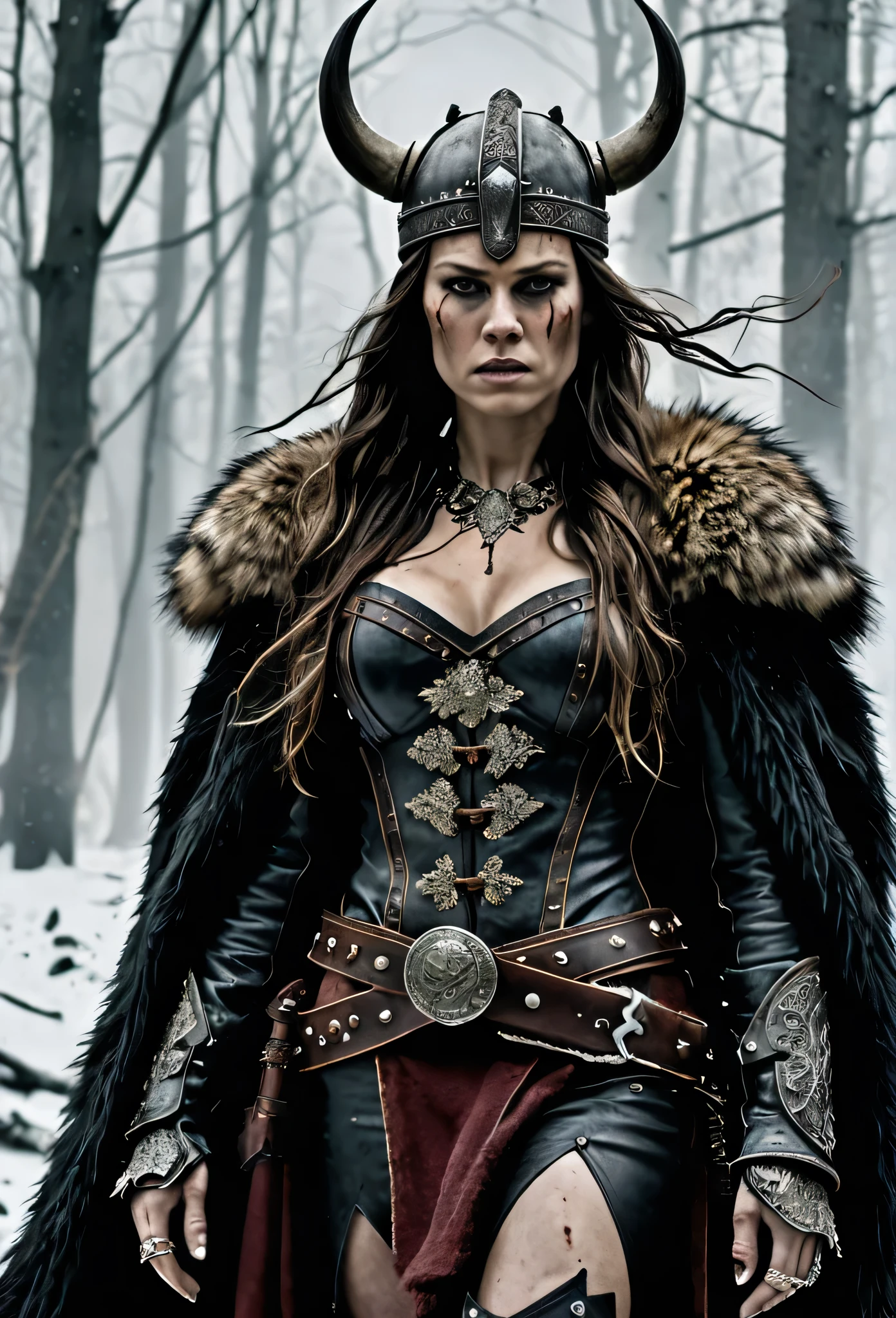 macabre style Capture the indomitable spirit of a beautiful Viking Age princess warrior, cowboy shot, standing triumphantly amidst the chaos of a brutal skirmish, wearing luxurious furs and distressed leathers, brunette hair, she embodies sophisticated savagery, crimson droplets of blood from the skirmish adorn her countenance, employing a low camera angle to emphasize the magnitude of her stature and authority, effectively positioning her as a titan above mere mortals, merging reality with fantasy, this provocative tableau challenges conventional notions of beauty, inspiring reflection on what it means to be strong, commanding, and utterly bewitching, style of Nick Knight, style of Igor Morski, style of Wlop, . dark, gothic, grim, haunting, highly detailed, brunette hair, whole hot body