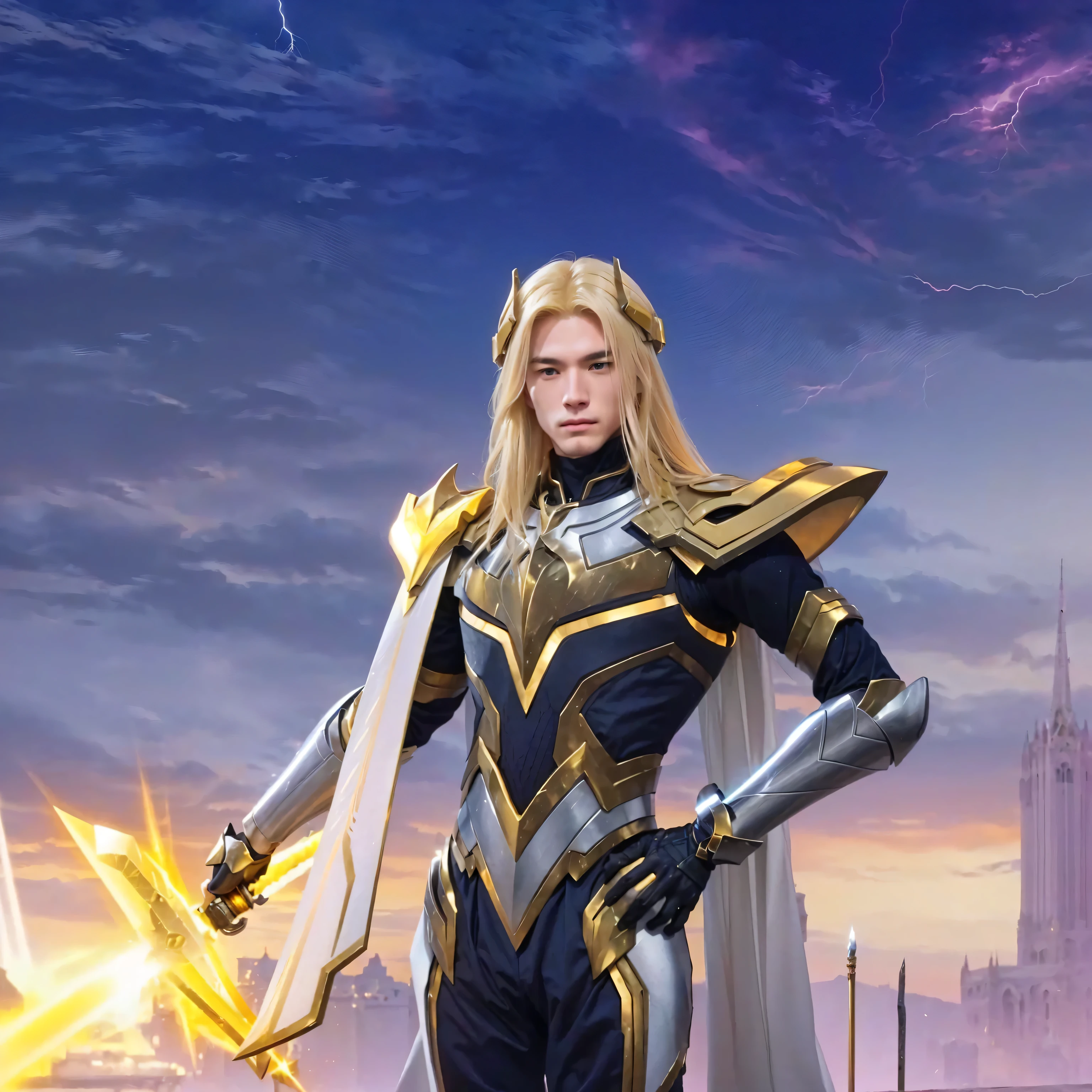 A  man with blonde hair and a golden armor is holding a sword made of lightning