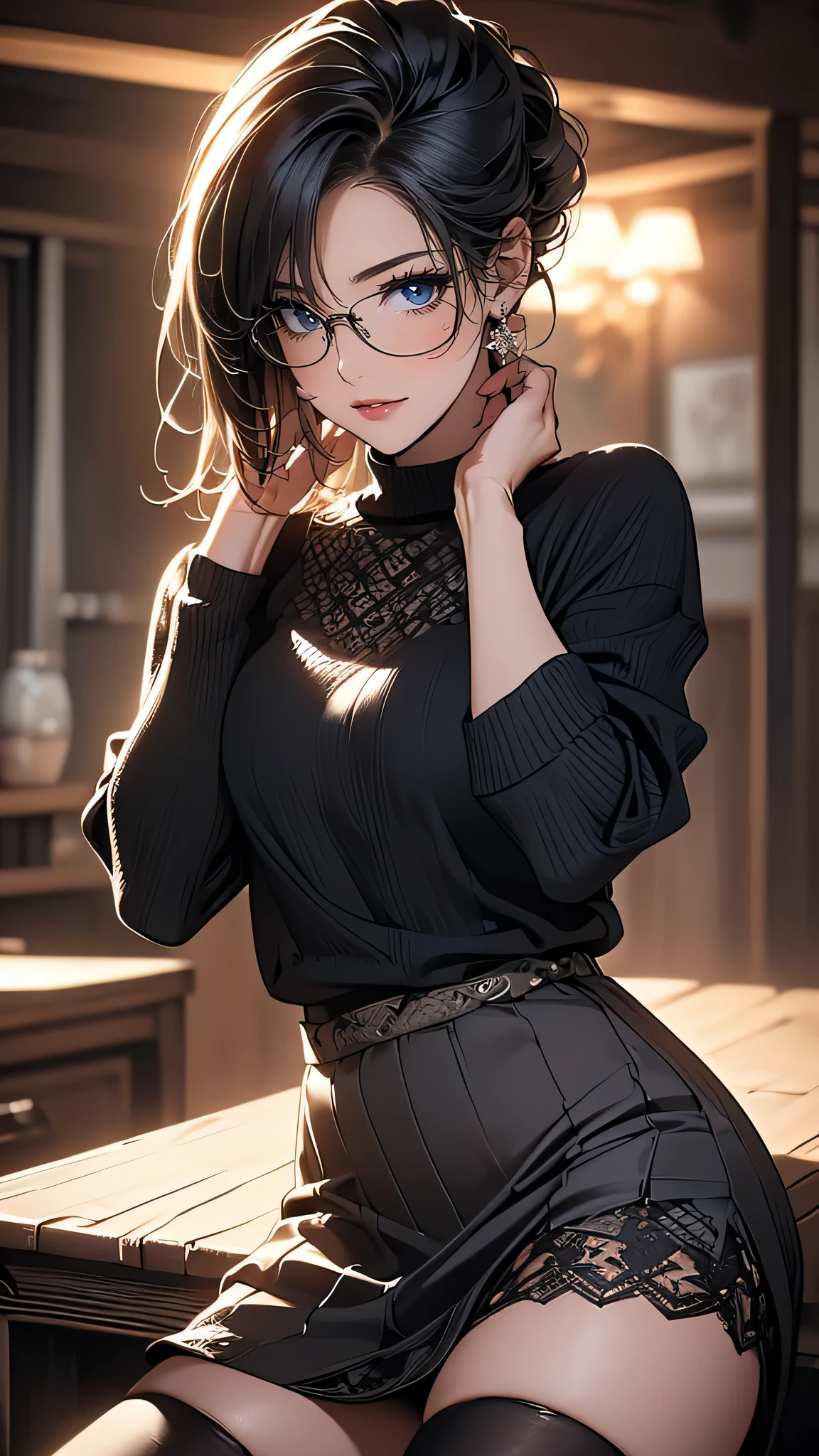 (random pose),(random hairstyle),(Highest image quality,(8k),ultra-realistic,best quality, high quality, high definition, high quality texture,high detail,beautiful detailed,fine detailed,extremely detailed cg,detailed texture,a realistic representation of the face,masterpiece,Sense of presence),sweater,tight mini skirt,stockings,Engineer boot