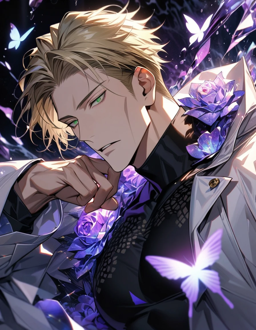 Ultra detailed, HDR, Highres, absurdres, master piece, Nanami Kento, blond hair, expressive green eyes, white long coat with patterns, Jujutsu Kaisen, black tight shirt, purple glittering butterflies, purple ice, petals, purple ice roses, sexy man, solo, extremely detailed face and eyes, extremely handsome, glittering, water