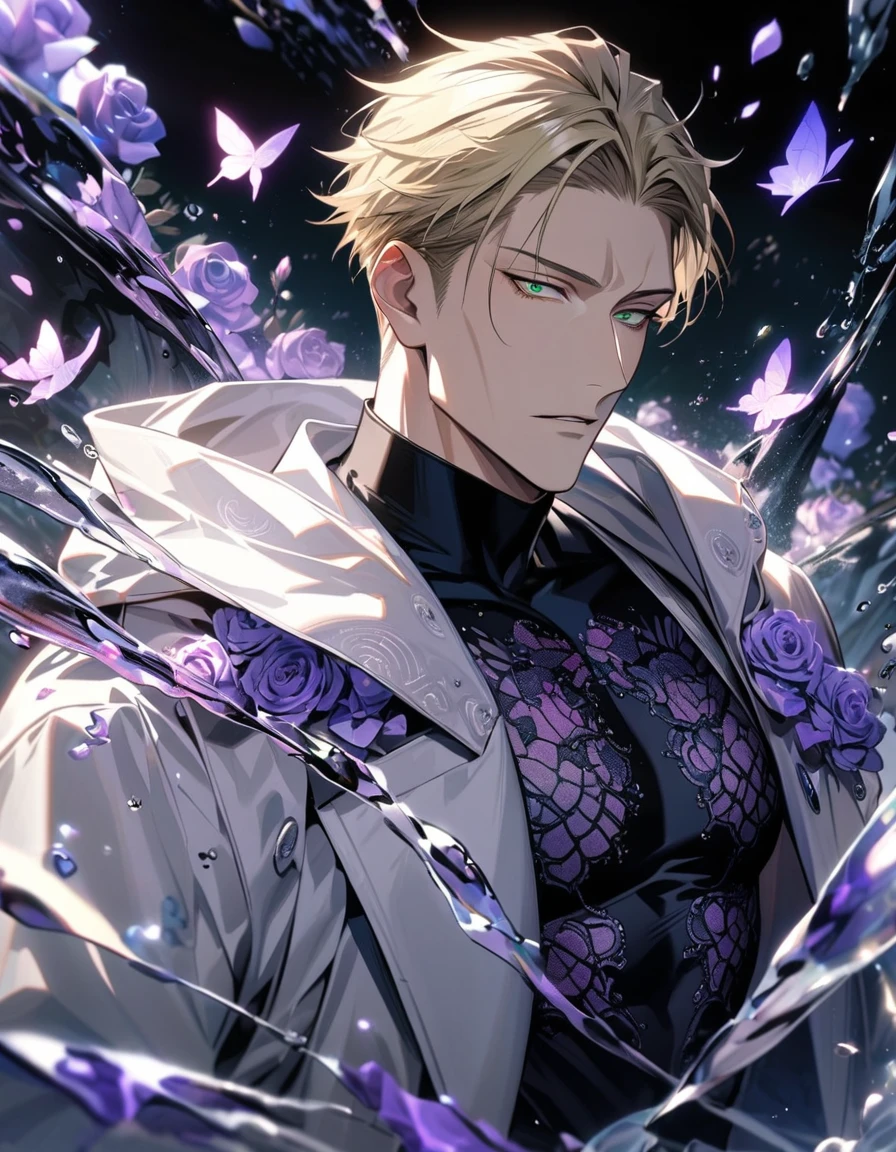 Ultra detailed, HDR, Highres, absurdres, master piece, Nanami Kento, blond hair, expressive green eyes, white long coat with patterns, Jujutsu Kaisen, black tight shirt, purple glittering butterflies, purple ice, petals, purple ice roses, sexy man, solo, extremely detailed face and eyes, extremely handsome, glittering, water