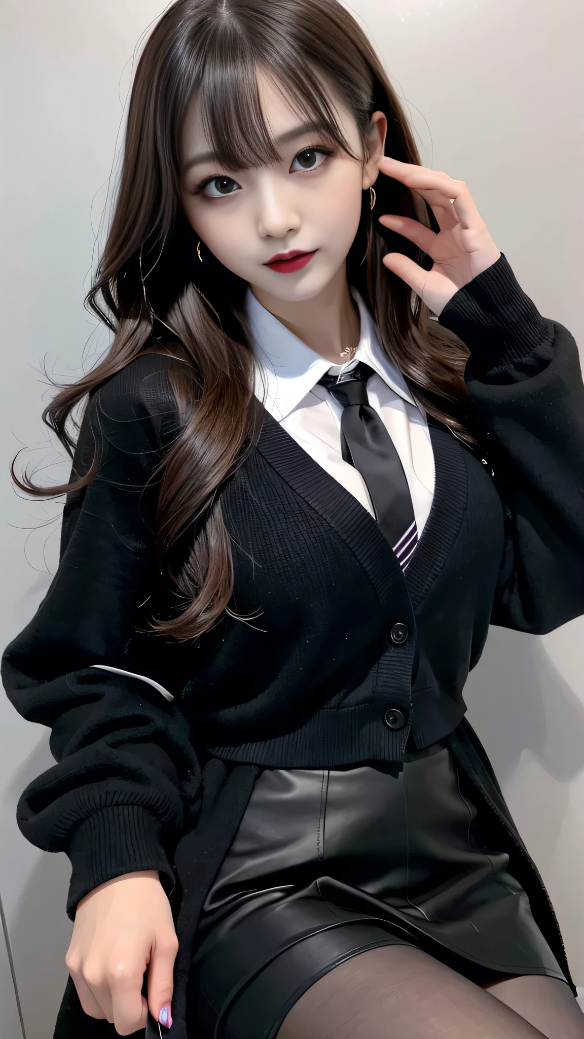 best quality、ultra-detailed、4k、Japanese、Seductive beauty、seductive adult woman、Pretty Woman、cool girl、Villainess、Brainwashed、brainwash、Fallen into evil、smirk、Evil look、Wicked Smile、evil、Brown hair、wavy hair、swept bangs、dark makeup、dark makeup、piercing eyes、hollow eyes,half-closed eyes、Hollow Eyes、purple Eyeshadow、black lipstick、black lipglos、student、uniform、Black cardigan、White Shirt、Black Ribbon、flare skirt、pantyhose、night、inside darkroom、Applying lipstick、Emblem of Evil、Crest of Darkness、Swear allegiance、I have pledged my allegiance、Dye black、Blackening、Stained with evil、Dyed in darkness、Seduce
