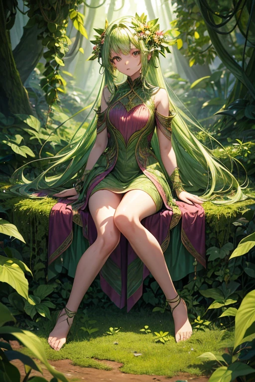 Humanoid plant in the shape of a -yeld gi green skin, hair made of leaves, pink eyes, dress made of vines, feet in the shape of green roots, forest background 