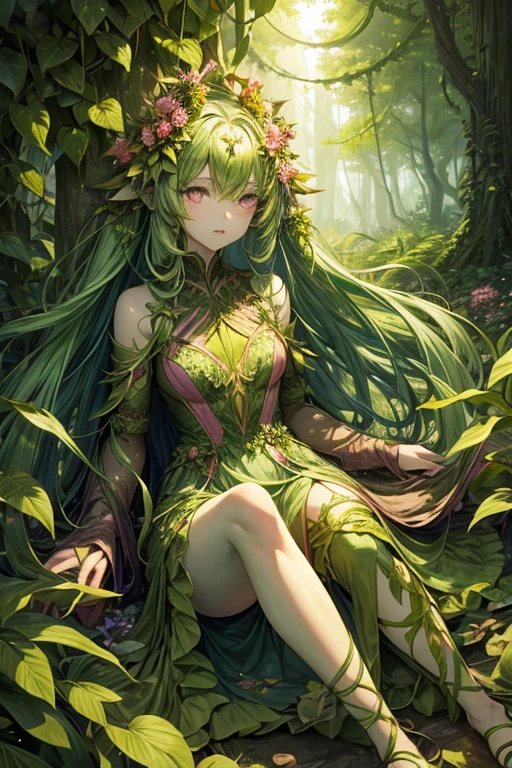 Humanoid plant in the shape of a 15-year-old girl, green skin, hair made of leaves, pink eyes, dress made of vines, feet in the shape of green roots, forest background 
