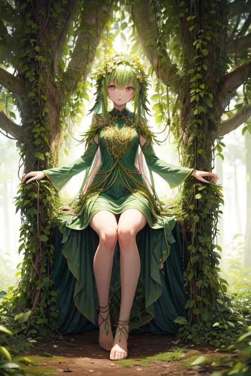 Humanoid plant in the shape of a -yeld gi green skin, hair made of leaves, pink eyes, dress made of vines, feet in the shape of green roots, forest background