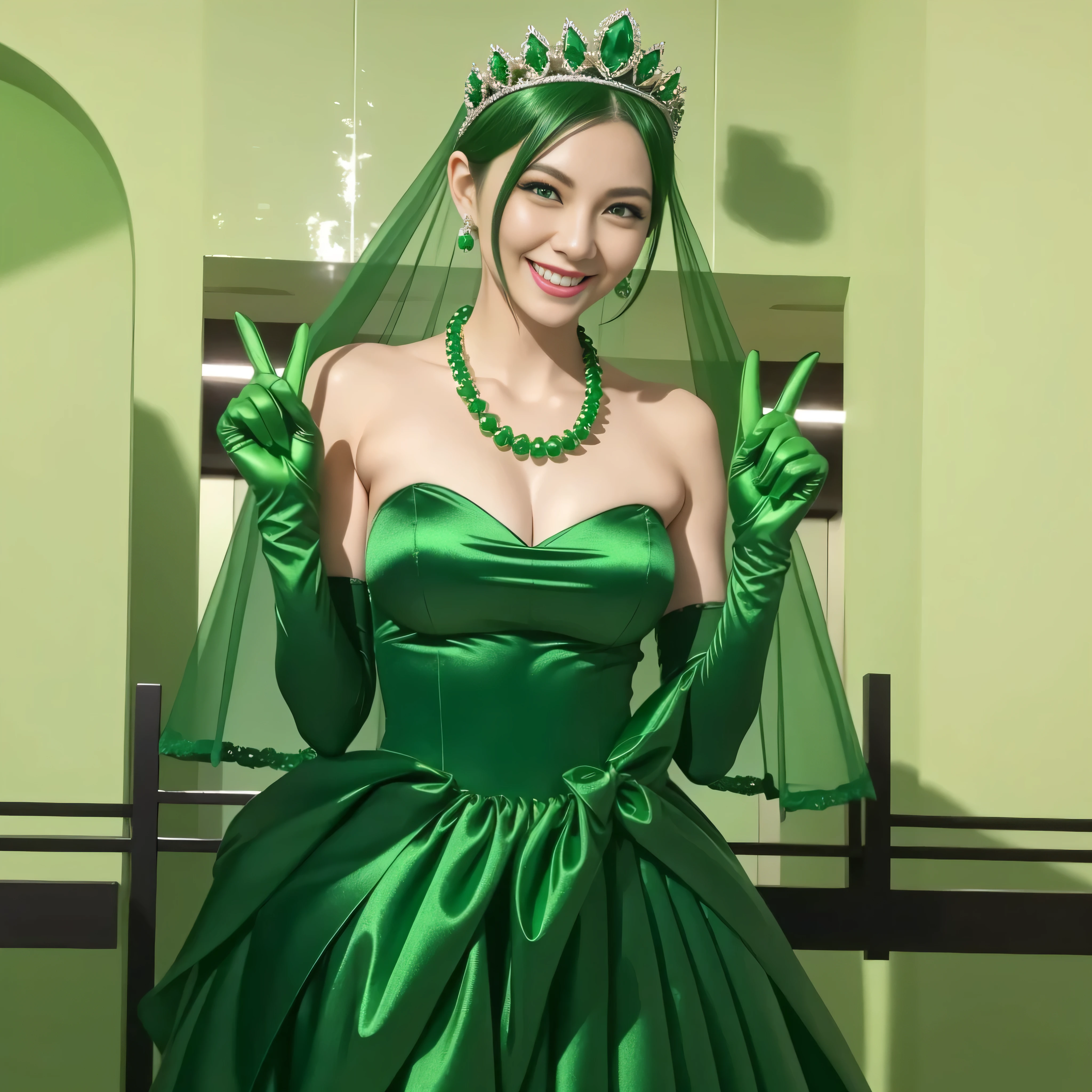 Emerald tiara, Green Pearl Necklace, Boyish very short green hair, lipstick, Smiling Japanese woman, Very short hair, Big tits beautiful, Green Eyes, Long green satin gloves, Green Eyes, v sign, Emerald Earrings, Green Veil