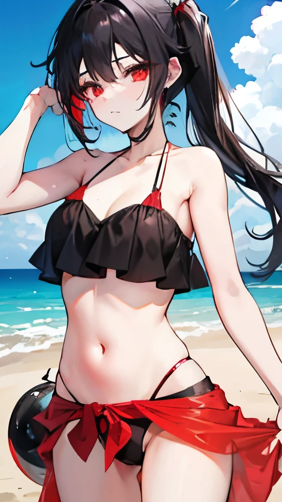 Black hair, carmesin eyes, red EYEs, beach, bikini, Beach sarong, 16 Y)
