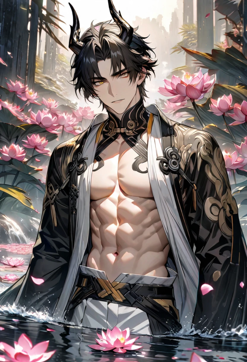 young boy, short gray hair, Cat's ears, Heterochromia, Yellow left and brown right eyes, tattoo, open torso, Pants of a Chinese general, swords, Masterpiece, hiquality