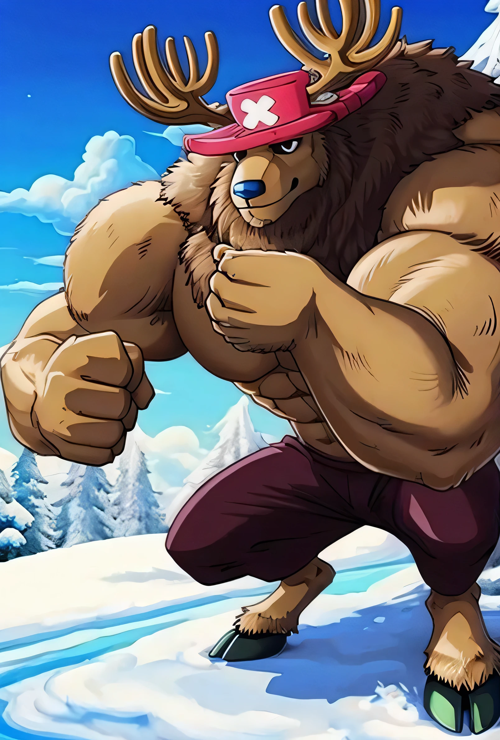 1boy, ChopperCzar, ArmPoint, (brown fur, animal ears, antlers, hooves, black eyes, Big Muscles, big biceps, big forearms, snout, fingers, fist), (hat, pink headwear, half body) (masterpiece:1.2)(nude, nfsw) hands up, oversized muscle, veiny muscle, hyper muscle, zoomed in