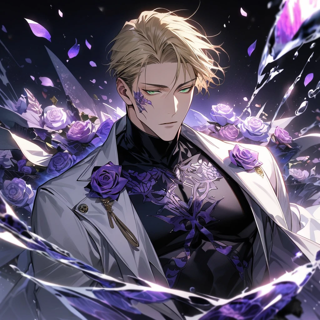 Ultra detailed, HDR, Highres, absurdres, master piece, Nanami Kento, blond hair, expressive green eyes, white long coat with patterns, Jujutsu Kaisen, black tight shirt, purple glittering butterflies, purple ice, petals, purple ice roses, sexy man, solo, extremely detailed face and eyes, extremely handsome, glittering, water