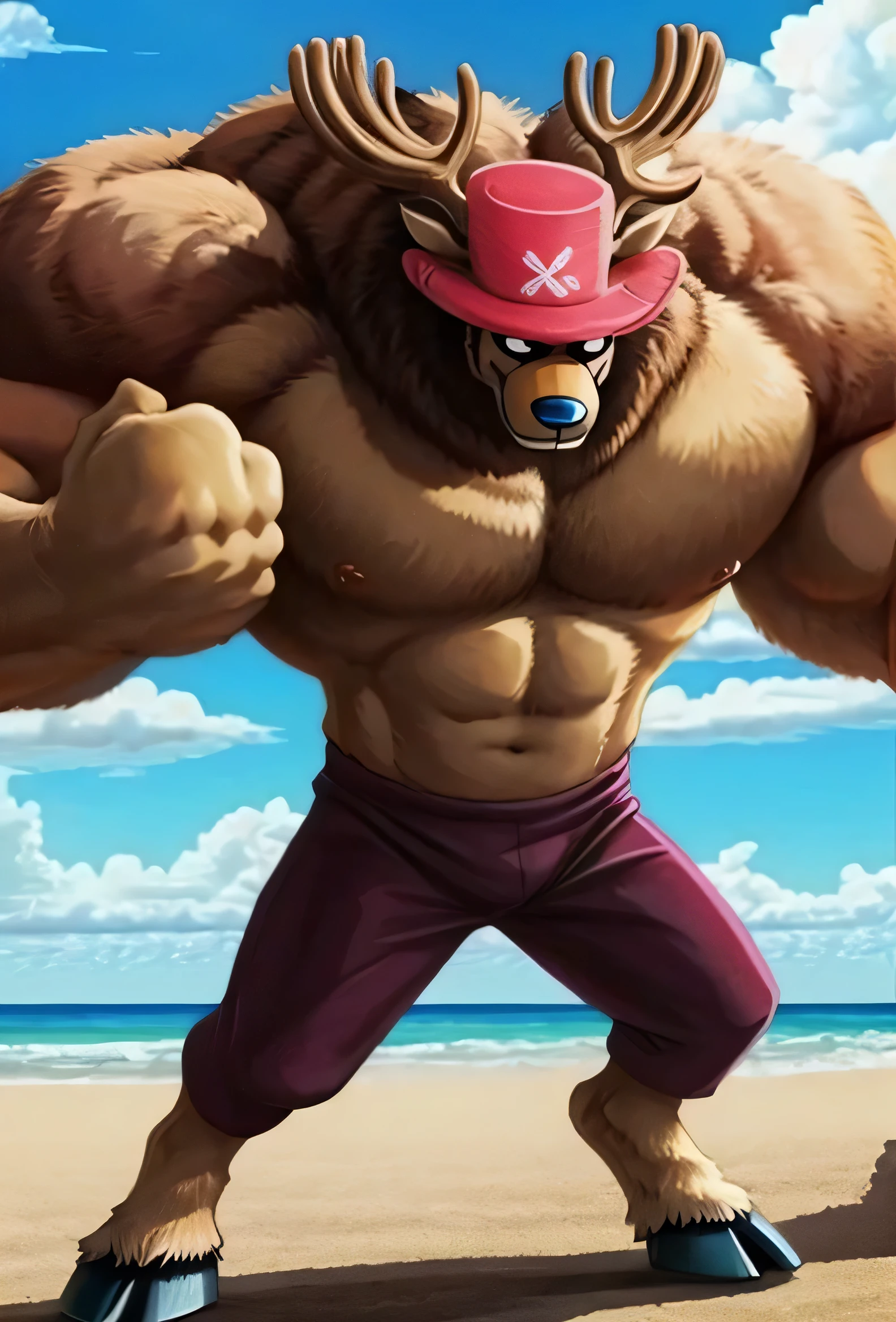 1boy, ChopperCzar, ArmPoint, (brown fur, animal ears, antlers, hooves, black eyes, Big Muscles, big biceps, big forearms, snout, fingers, fist), (hat, pink headwear, half body) (masterpiece:1.2)(nude, nfsw) hands up, oversized muscle, veiny muscle, hyper muscle, zoomed in