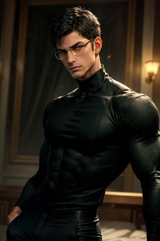 Man, Male, muscle, 32 years old, short wavy black hair, turtleneck, green eyes, angry, tanned skin, glasses, no facial hair (Intricate Details, Masterpiece, Best Quality, High Resolution), finely detailed background, Depth of Field, VFX