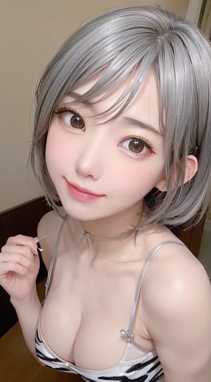 ((Browsing Caution))、Beautiful beach in summer、((Same face as cosplayer))、Confused, 8k、Masseter region、High resolution photos, Professional photography, Movie Light, (((highest quality))), (thin)、 Sexy animal print swimsuit, Cleavage, (Smiling Kindly)、((short wavy silver hair))、