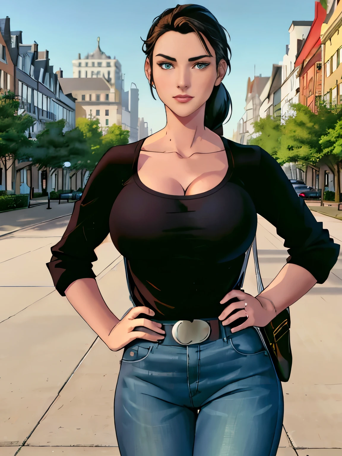 (masterpiece, top quality, best quality, official art, beautiful and aesthetic:1.2), (1girl:1.3), dark brown hair pulled back, elegant updo, extremely detailed, portrait, looking at viewer, facing viewer, solo, (full body:0.6), detailed background, close up, kindly eyes, (warm summer park theme:1.1), busty woman, charlatan, smirk, mysterious, long hair, updo, slim, thin, athletic, womanly, elastic woman, black jacket, tank top, green jeans, hair bandana, camera bag, brunette, city, heroic, cheerful, city exterior, park, street, daylight, soft lighting, natural lighting, athletic, strong, slim waist, slim hips, long legs, muscular legs, modern (city park exterior:1.1) background, bright mysterious lighting, shadows, magical atmosphere, dutch angle, (Abigail Shapiro)