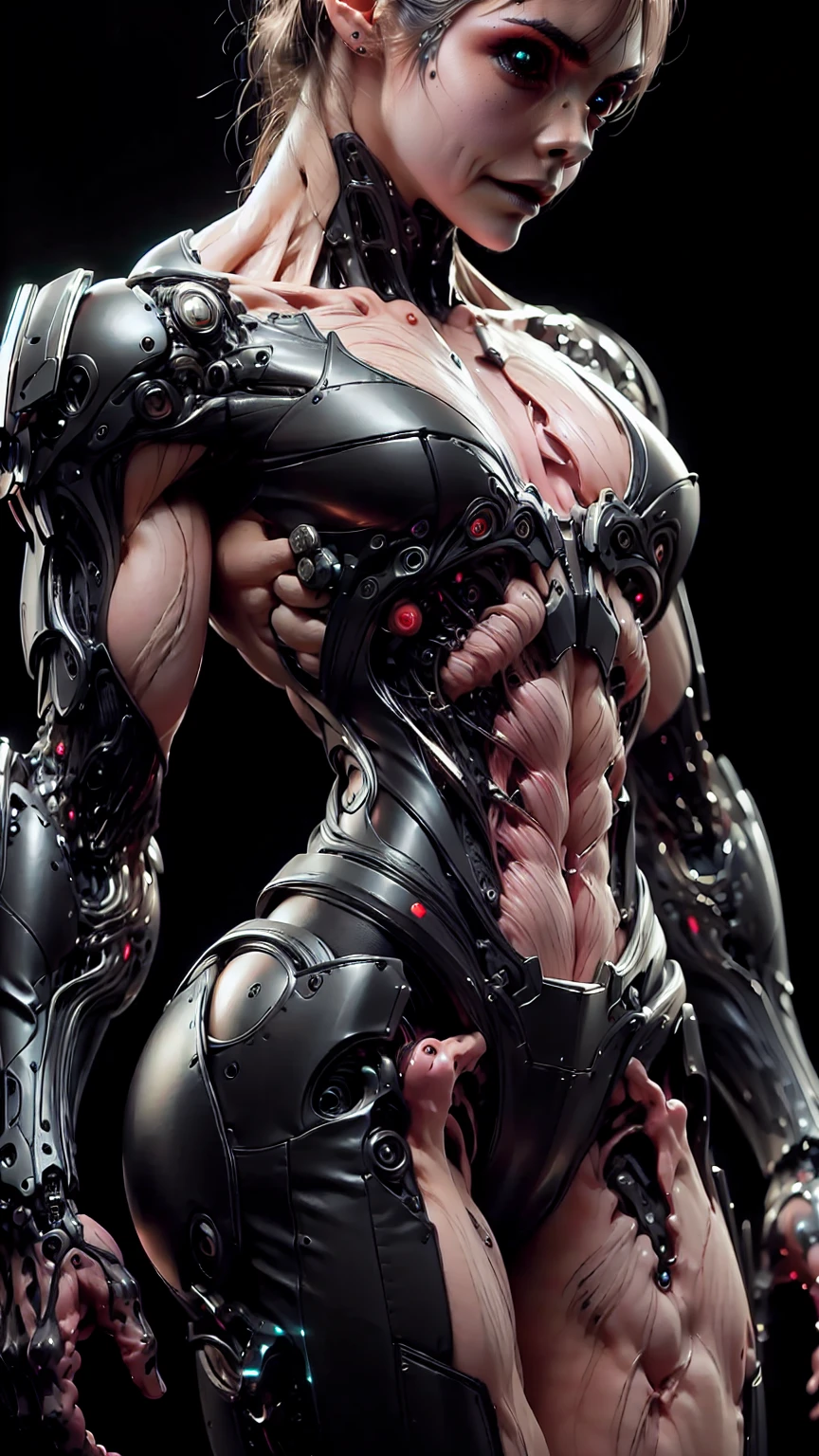 (1 girl), (cara delevingne), (muscular android girl wearing a black anatomic cybernetic muscle suit:1.25), (wide shoulders:1.25), (muscular defined physique:1.25), perfect hands, long hair, large breasts, high resolution image, extreme detail, blank background