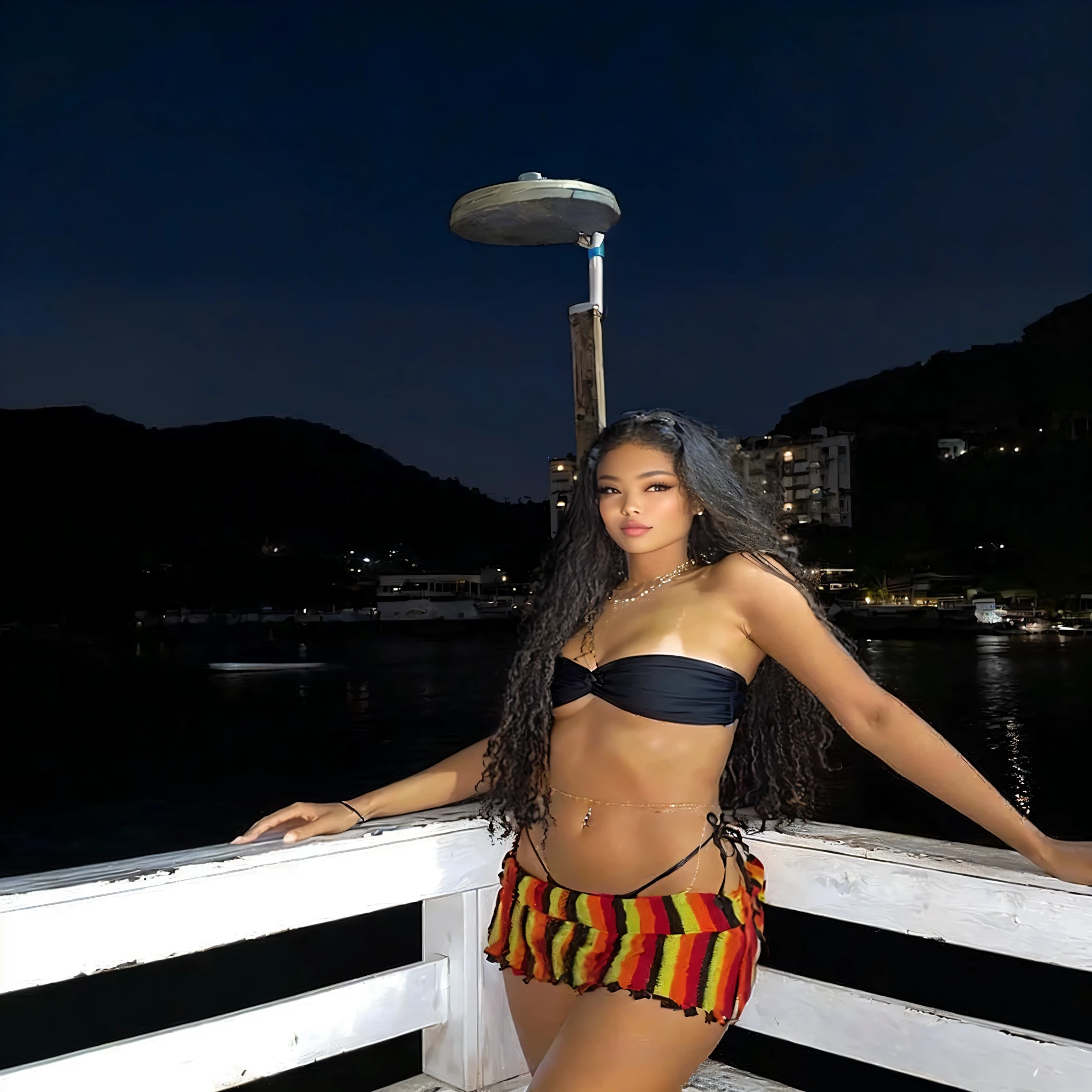 Arafa woman in a bikini posing on a pier at night, com pele branca, ela tem pele bronzeada, her belly button is exposed, jovem adulta, cabelo longo, jennie do black pink, Korean appearance