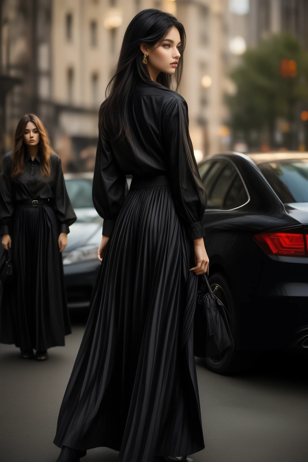 bellissima, 1girl, solo, Armani style, long hair, looking at viewer, skirt, shirt, black hair, long sleeves, brown eyes, standing, pants, lips, black shirt, long skirt, realistic Armani style, long hair, skirt, shirt, black hair, long sleeves, standing, from behind, black eyes, black shirt, profile, long skirt, realistic