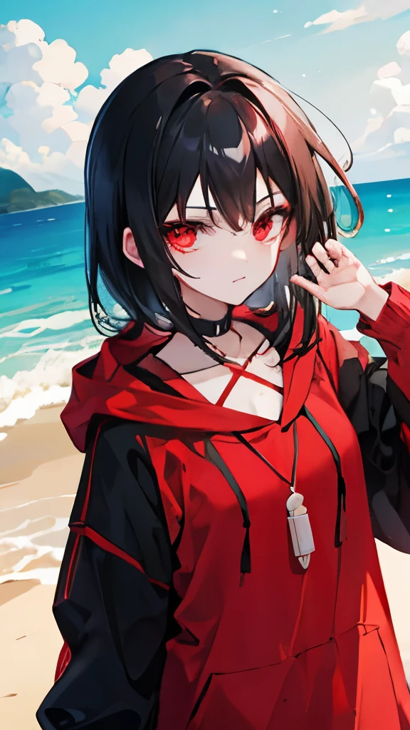 Black hair, carmesin eyes, red EYEs, beach