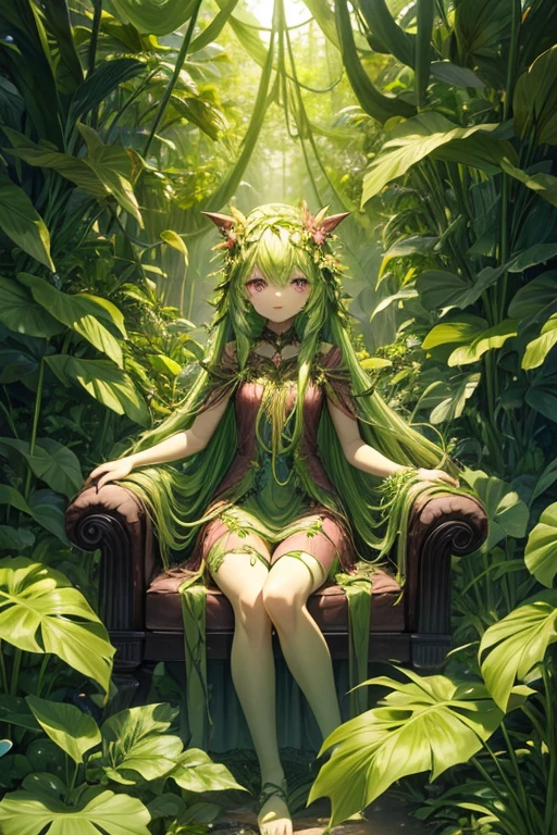 Humanoid plant in the shape of a 5-year-old girl, green skin, hair made of leaves, pink eyes, dress made of vines, feet in the shape of green roots, forest background 