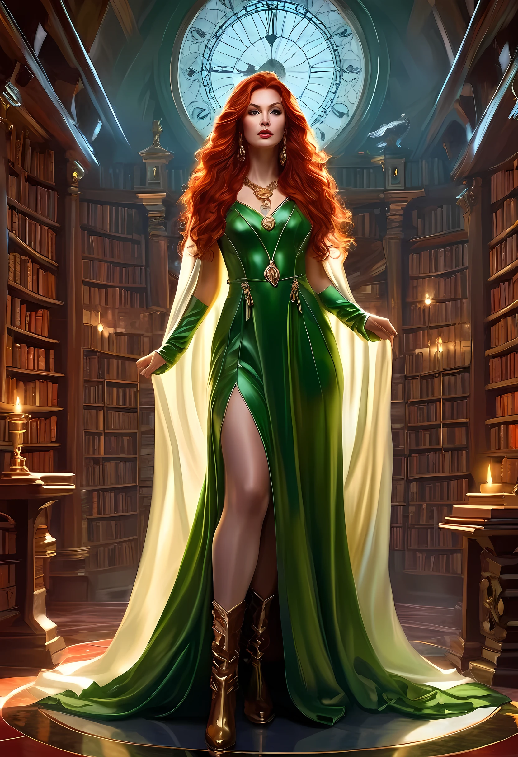 high details, best quality, 16k, [ultra detailed], masterpiece, best quality, (extremely detailed), full body, ultra wide shot, julie bell style (ultra details, Masterpiece, best quality), fantasy art, dnd art,fantasy art, realistic art, a sorceress casting a ChronomancyAI spell in magical library (ultra details, Masterpiece, best quality), exquisite beautiful human woman (ultra details, Masterpiece, best quality), red hair, long hair, (long green dress: 1.2), (white cloak: 1.3), high heeled boots (ultra details, Masterpiece, best quality) ChronomancyAI