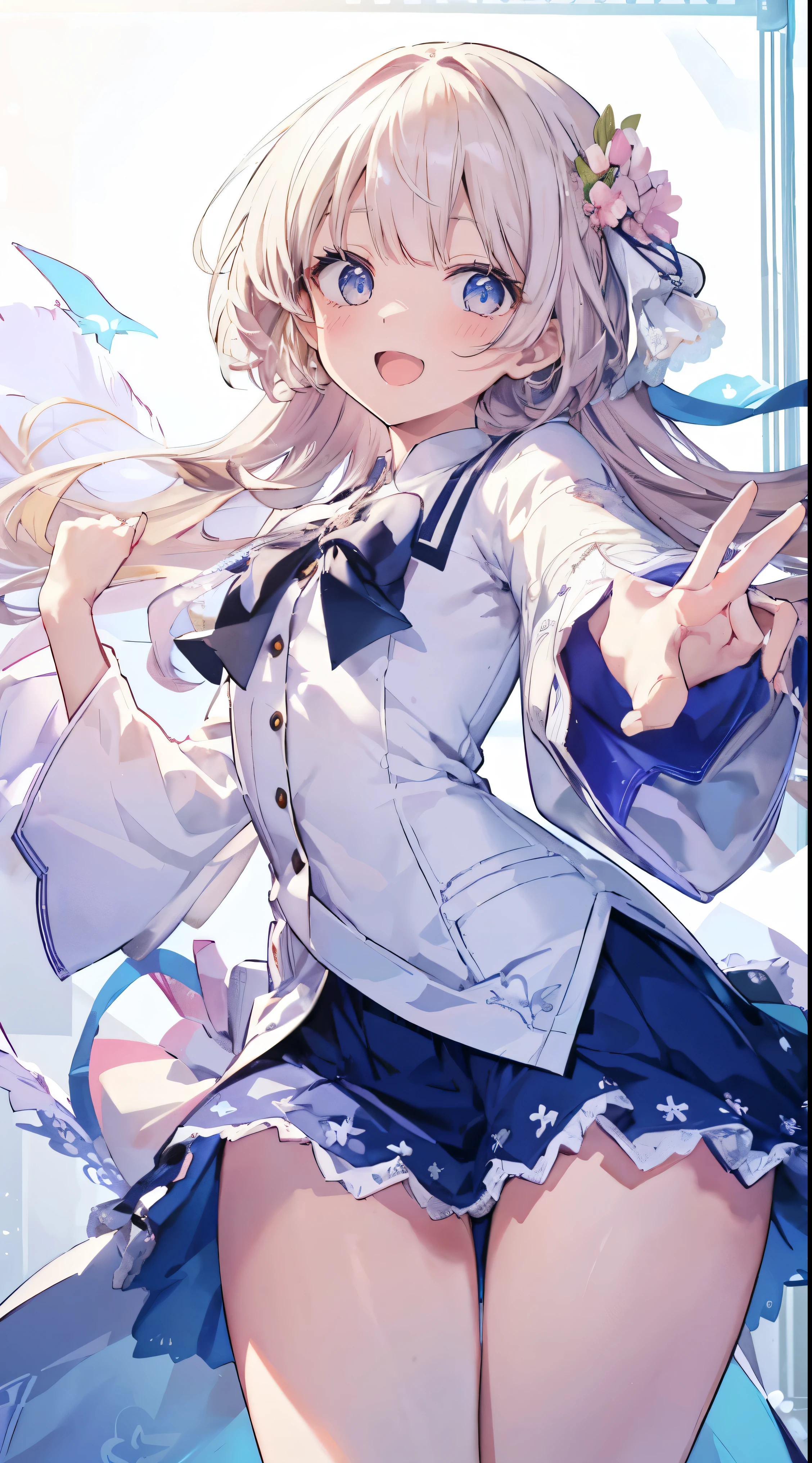 Masterpiece、Highest quality、highest quality、(Open Mouth Smile)、Shiny hair quality、Small face、Dynamic pose、Super detailed, beautiful, wide eyes、Ultra-detailed, clear and beautiful faces、(cute illustration:1.2), High-resolution, ultra-detailed, best quality, embarrassed、Thighs、cute